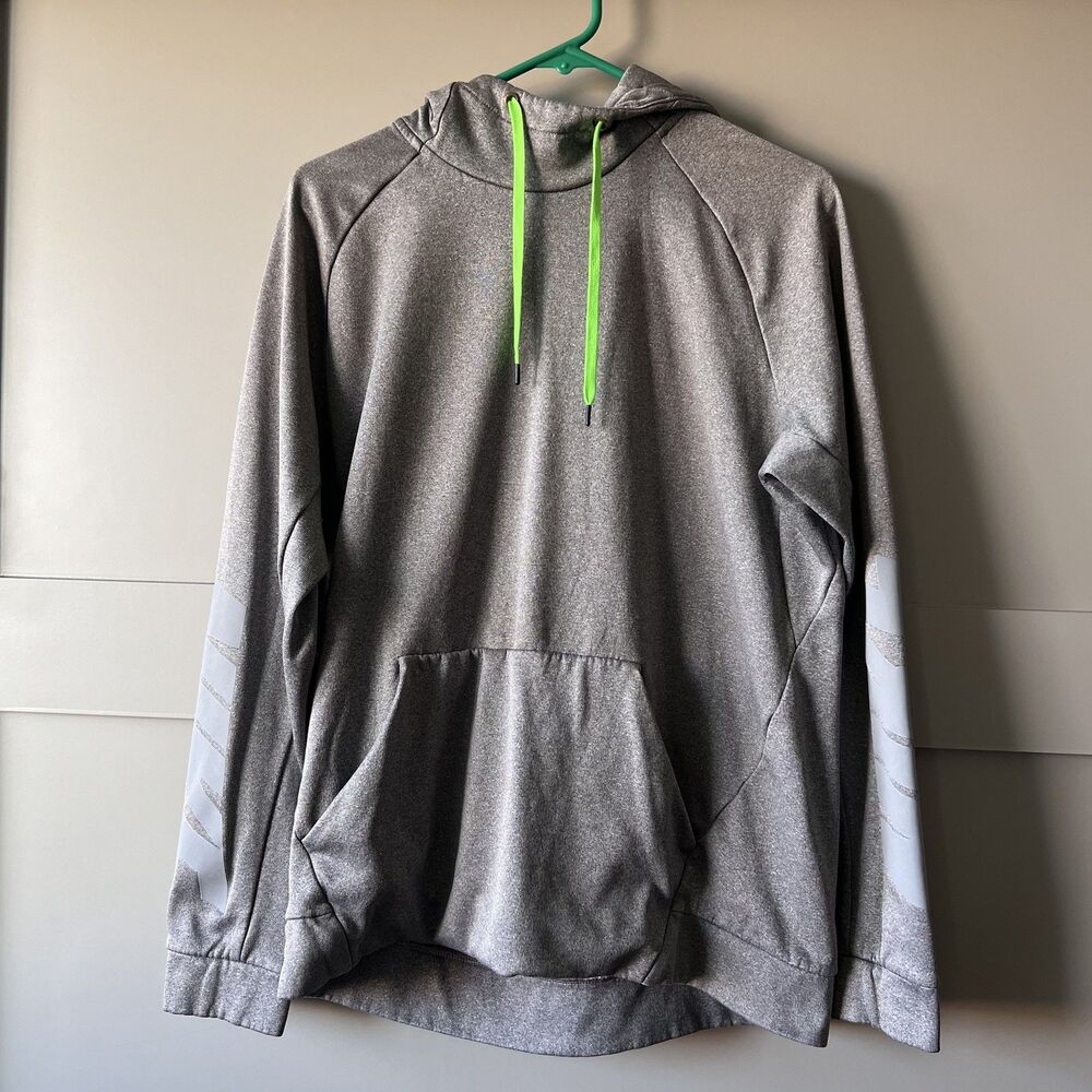 Nike Therma-Fit Hoodie Mens Large Gray Pullover Neon Green Drawstring 811903-091